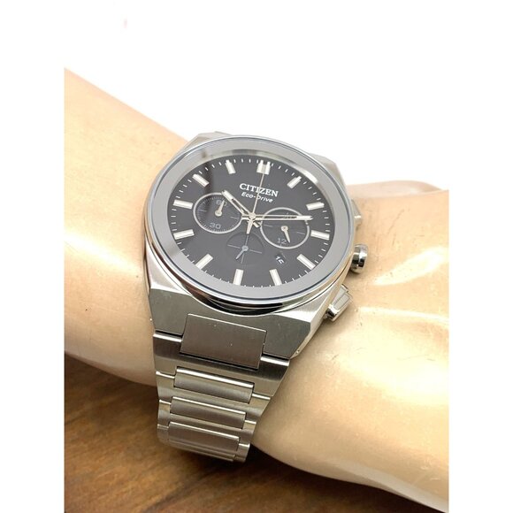 Citizen Mens Watch Eco-Drive CA4580-50E Chronograph Black Dial Silver Steel 43mm - Picture 6 of 15